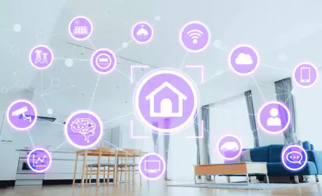 Toile de connectivité avec la maison au centre et tous les appareils connectés et les utilisateurs autour