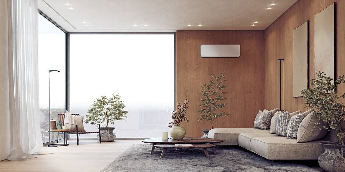 Climatisation réversible murale TAKAO M3 dans un salon design