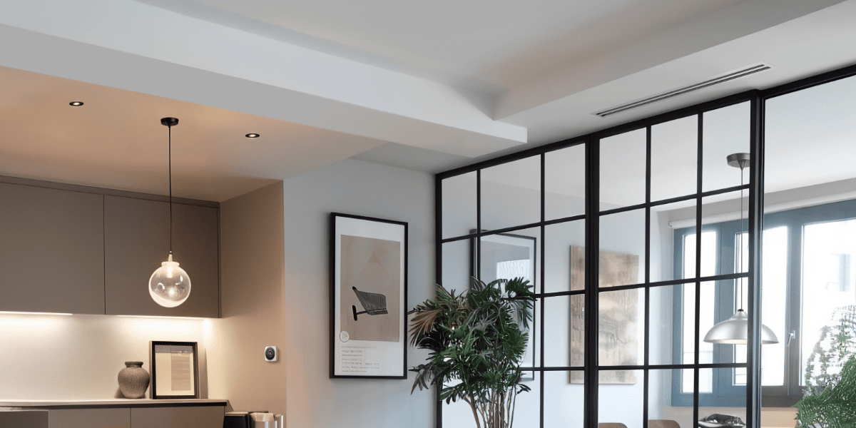 Cuisine ouverte avec verri&egrave;re industrielle et grille de diffusion